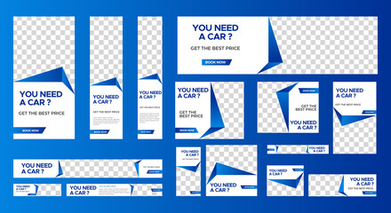 set of Rent Car web banners of standard size with a place for photos. Vertical, horizontal and square template. Vector EPS