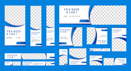 set of Rent Car web banners of standard size with a place for photos. Vertical, horizontal and square template. Vector EPS