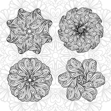 Black and white ethnic style floral mandalas set for antistress coloring. Abstract coloring page.