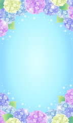 雨上がりの青空キラキラアジサイ(紫陽花)の風景ベクターイラスト(縦)