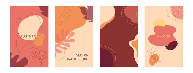 Vector set of minimal trendy abstract backgrounds. Shapes, lines, and warm colors.