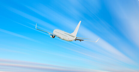 Airplane with motion blur effect at sunset. Landscape with passenger airplane is flying. Aircraft with blurred background