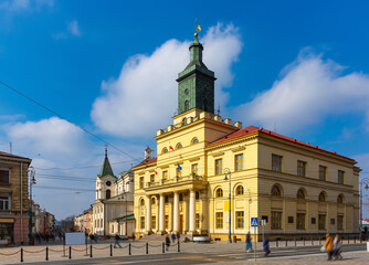Fototapeta na wymiar Lublin cityscape overlooking Classical architectural style building of New Town Hall in sunny spring day, Poland