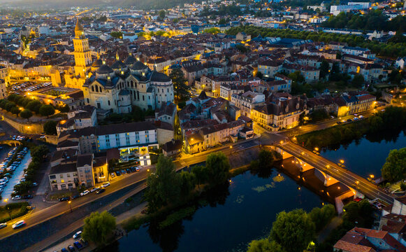Aerial view of Perigueux city illuminated at night, Perigord Blanc, Dordogne..