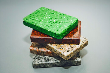 Samples of multicolored acrylic stone. Samples of acrylic stone for the production of countertops.