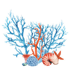 Beautiful underwater composition with watercolor sea life coral shell and starfish. Stock illustration.