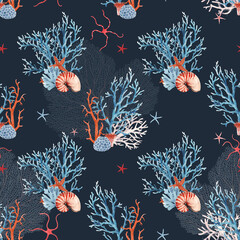 Fototapeta na wymiar Beautiful seamless underwater pattern with watercolor sea life coral shell and starfish. Stock illustration.