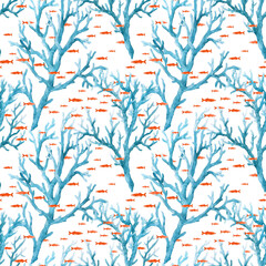 Beautiful seamless underwater pattern with watercolor sea life blue corals and red fish. Stock illustration.