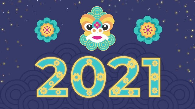 happy chinese new year 2021 number with dragon mask