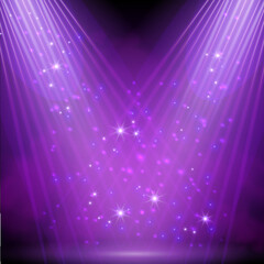 Purple spotlight. Bright lighting with spotlights of the stage with purple dust on dark background.