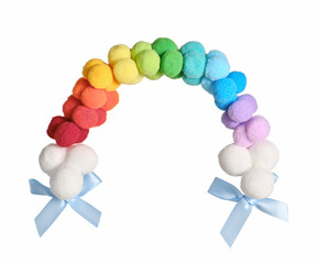 party rainbow pom pom arch. festive holiday selebration. colorful balls for happy birthday or baby shower.