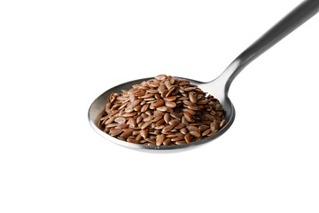 flax seeds in iron spoon isolated on white background