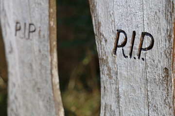 Rest in peace R.I.P. engraved on old wooden board