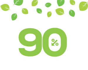 Vector green 90% text designed with an arrow percent icon on white background with leaves. For spring sale campaign. 