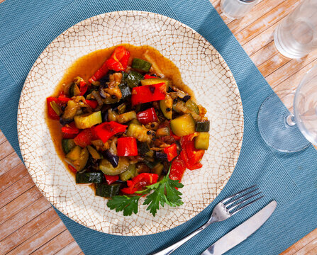 Stew with peppers, zucchini and zucchini in plate.Traditional Hungarian dish called lecho