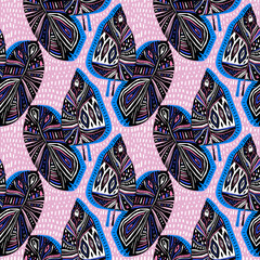 Fototapeta premium Dynamic folk Boho Hygge contemporary flash style tropical leaves or feathers seamless pattern.