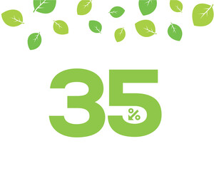 Vector green 35% text designed with an arrow percent icon on white background with leaves. For spring sale campaign. 
