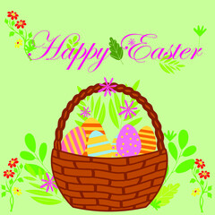 Happy Easter vector illustration with egg basket and text wish