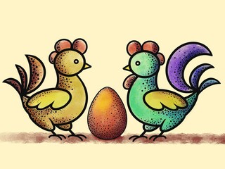 Digital illustration of a rooster and a hen with an egg on a yellow background