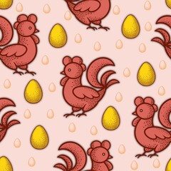 Easter illustration, seamless pattern with red rooster and yellow eggs