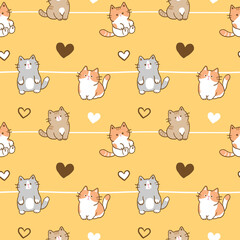 Seamless Pattern with Cartoon Cat Illustration Design on Yellow Background