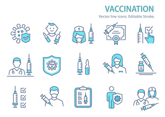 Vaccine icon set. Collection of syringe, coronavirus, covid 19 and more. Vector illustration. Editable Stroke.