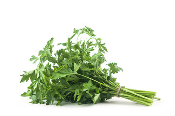 Fresh bunch green parsley bunch on white background. Top view, flat lay. Floral design element. Healthy eating and dieting concept