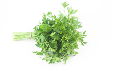 Fresh bunch green parsley bunch on white background. Top view, flat lay. Floral design element. Healthy eating and dieting concept
