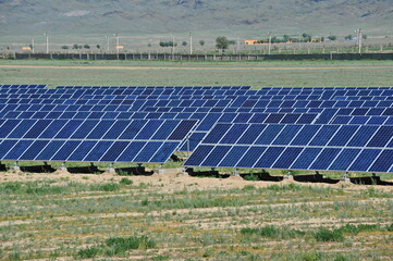 Zhambyl region, Kazakhstan - 05.15.2013 : Solar panels are displayed in a row throughout the station.