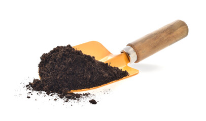Yellow metal shovel with black soil or compost isolated on white © igradesign