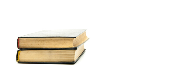 Stack of old books on a white background. Study