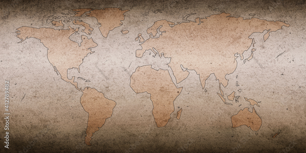 Poster historical ancient world map on a old paper texture backdrop. beautiful world map in a light color