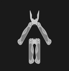 Stainless steel multifunctional pocket multi tool instrument. Flat illustration isolated on white.