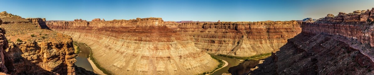 Panorama shot of confluence of green river and grand river at sunny day in canyonlands in utah,...