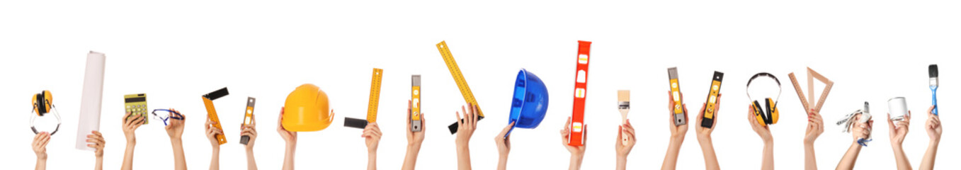 Many hands with architect's supplies on white background