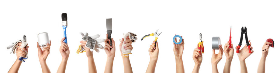 Female hands with painter's tools on white background