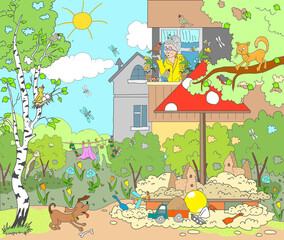 Children's illustration. Warm spring, summer day. Grandmother on the balcony looks after flowers, feeds the birds. The cat on the tree. Sandbox in the yard. Tulips are blooming. Nice yard. 