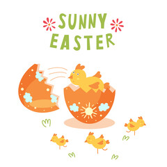 Greetings for a sunny Happy Easter with a chick hatched from the shell. Easter spring chicken in eggshell vector