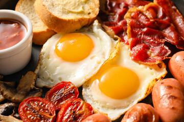 Traditional English breakfast with fried eggs in pan, closeup