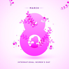 Happy Women's Day holiday illustration. pink gradient eight with leaves and ribbon. square format design ideal for web banner or greeting card. EPS10 vector.