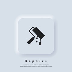 Repairs logo. Paint roller with drops. Repairs icon. Paint roller icons. Vector. UI icon. Neumorphic UI UX white user interface web button. Neumorphism