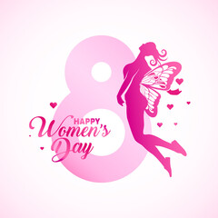 Happy Women's Day holiday illustration. Flying woman with wings on gradient pink eight for Happy Womens Day. Square format design ideal for web banner or greeting card. EPS10 vector.