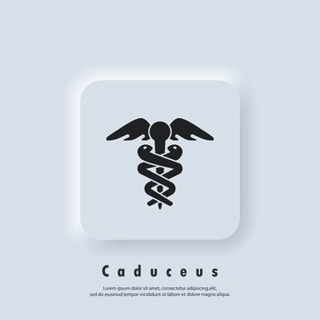 Caduceus icon. Hermes healthcare logo. Medical sign. Vector. UI icon. Neumorphic UI UX white user interface web button. Neumorphism