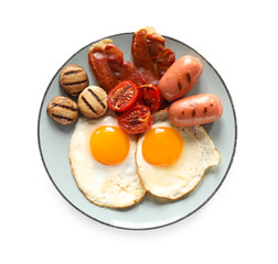 Traditional English breakfast with fried eggs in plate on white background