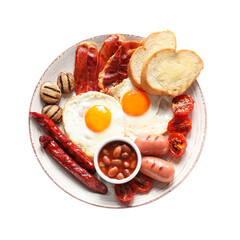 Traditional English breakfast with fried eggs in plate on white background