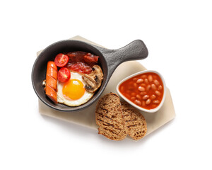 Traditional English breakfast with fried eggs on white background