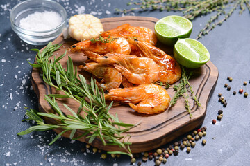 Board with tasty shrimps on dark background