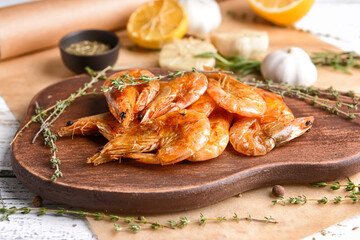 Tasty shrimps on wooden background, closeup