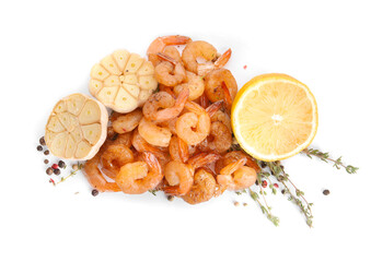 Tasty shrimps, garlic, lemon and thyme on white background