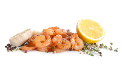 Tasty shrimps, garlic, lemon and thyme on white background